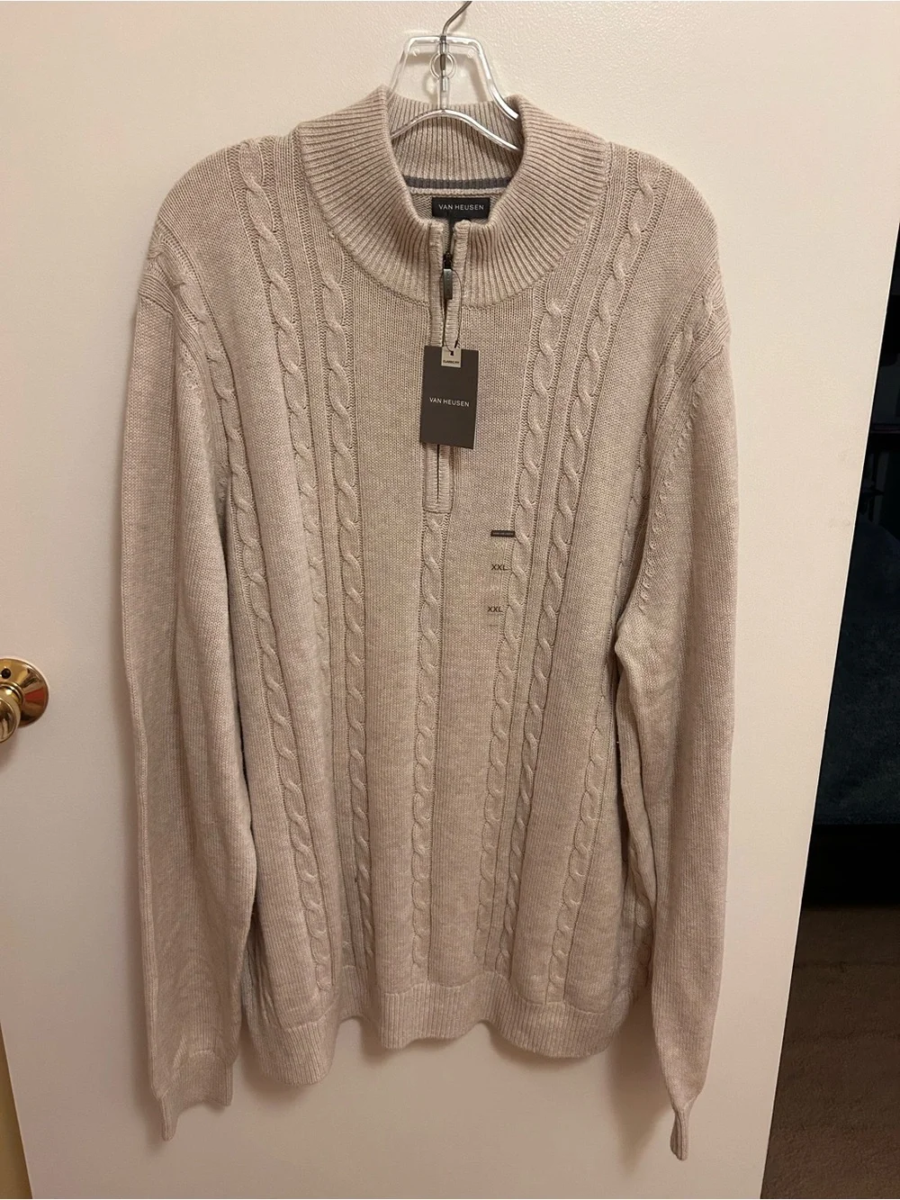 Van Heusen Men’s Zip-Neck Cable Knit Sweater in Light Beige